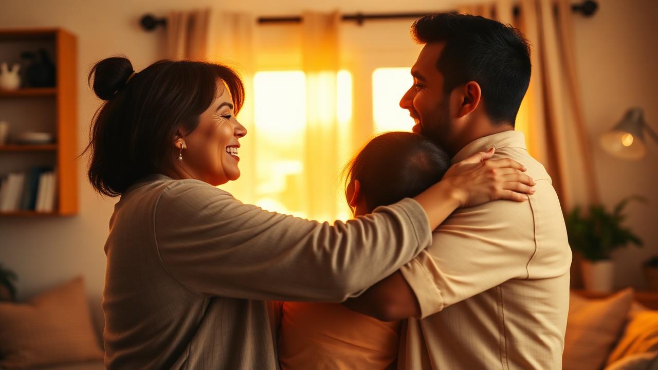 Familia cristiana emocionada compartiendo un momento de amor